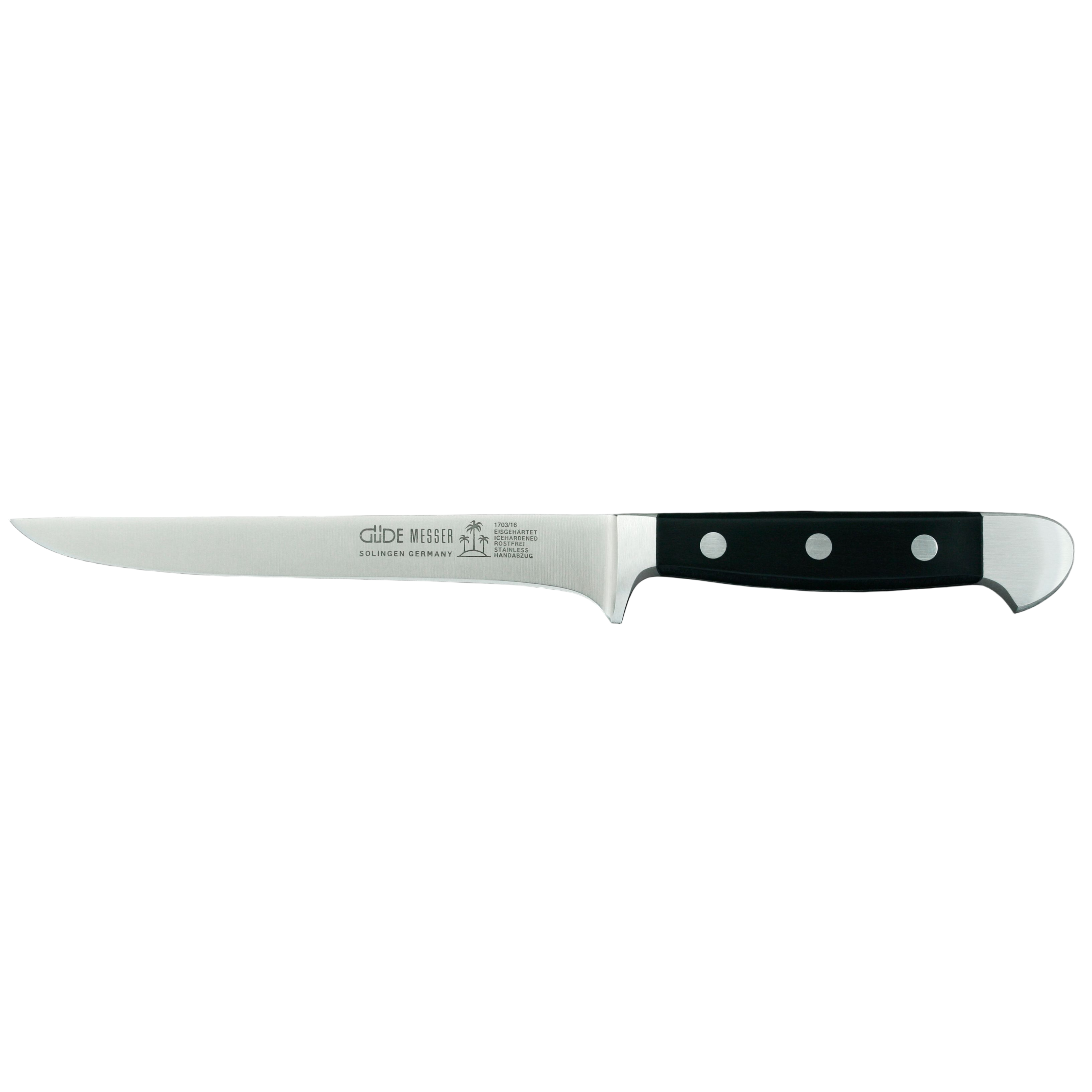 Gude Alpha Series Forged Double Bolster Boning Knife 6-in, Black Hostaform Handle - Gude Shop USA