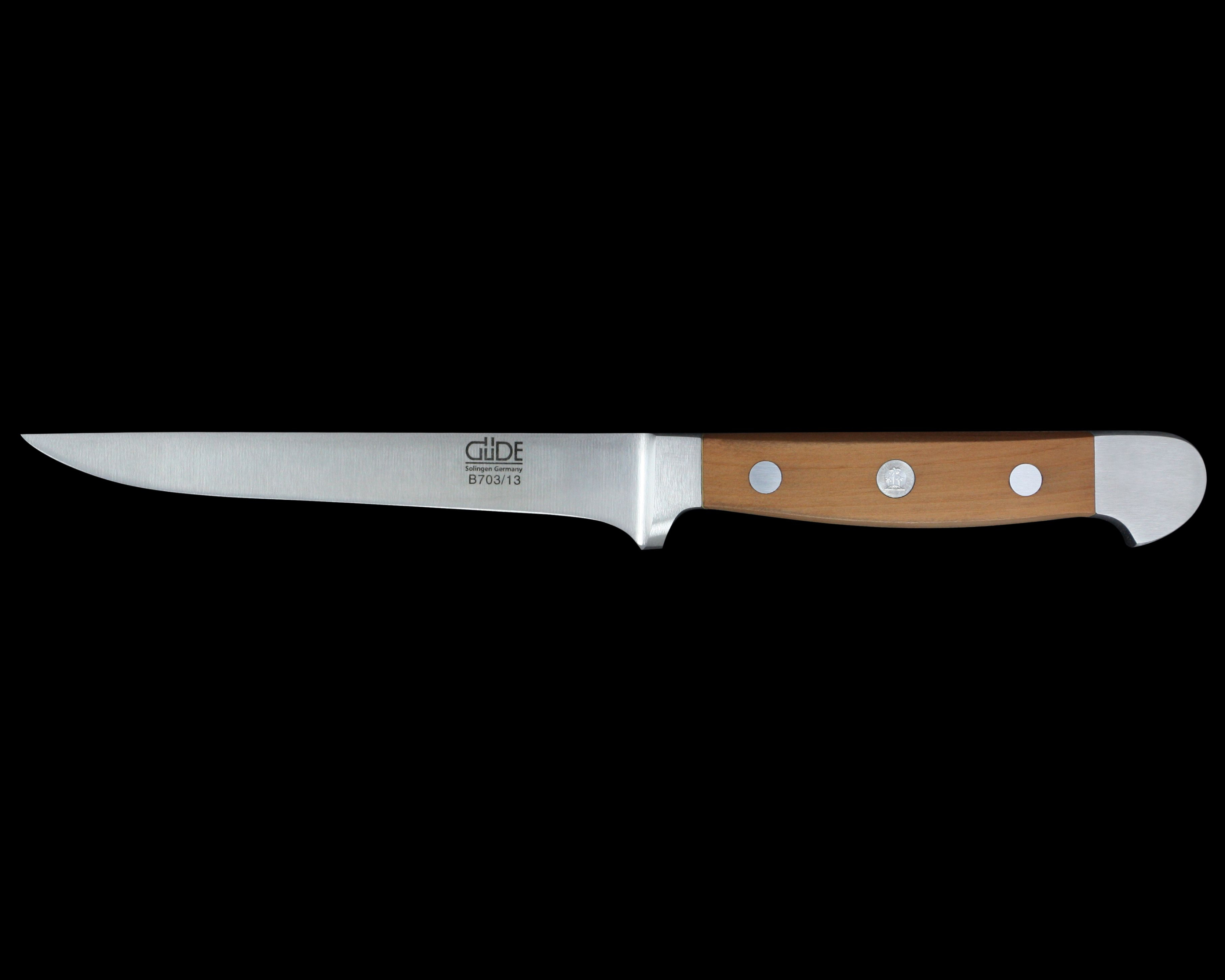 Gude Alpha Pear Series Forged Double Bolster Flexible Boning Knife 5", Pearwood Handle - GuedeUSA