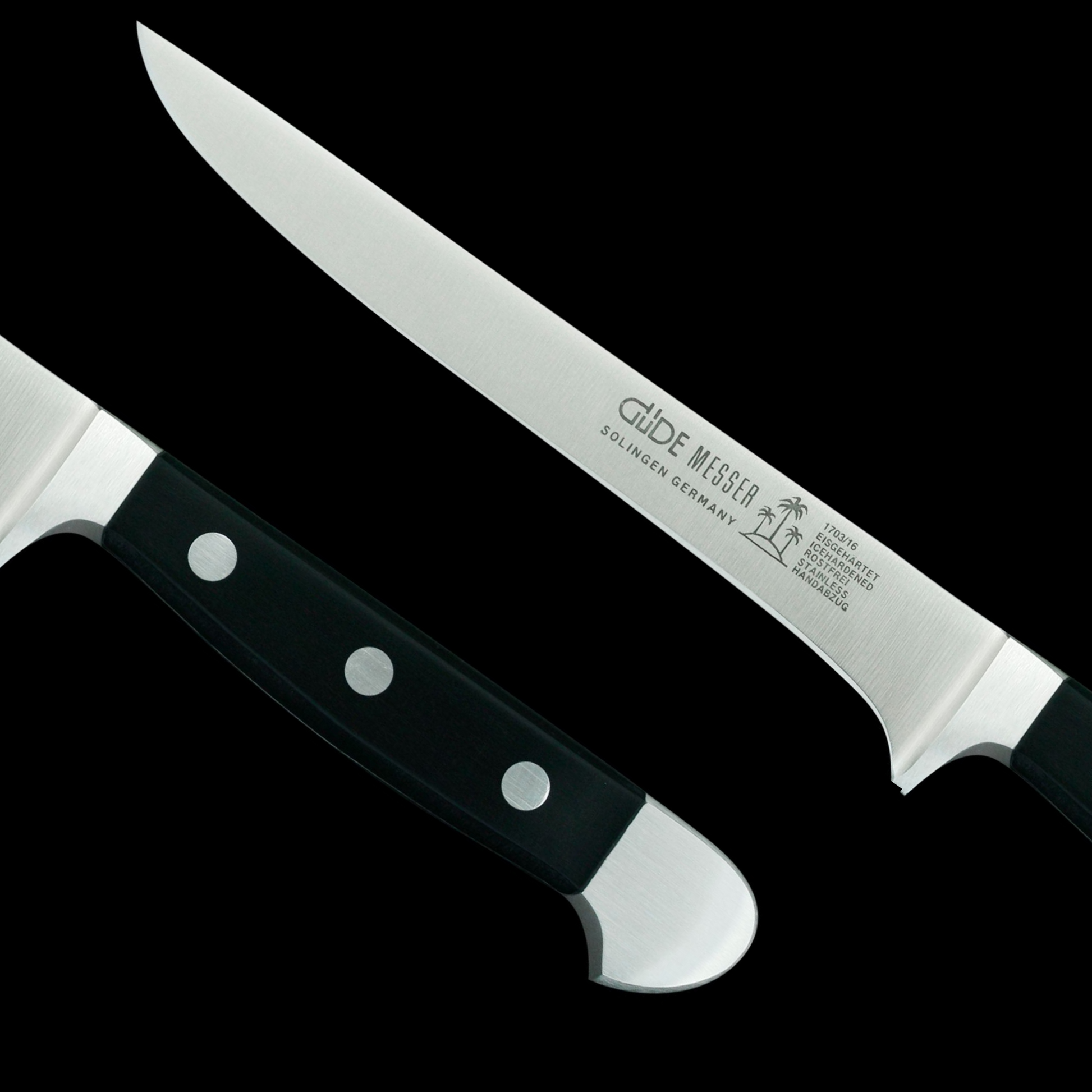 Gude Alpha Series Forged Double Bolster Flexible Boning Knife 5", Black Hostaform Handle - GuedeUSA