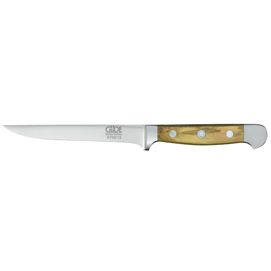 Gude Alpha Olive Series Forged Double Bolster Flexible Boning Knife 5-in, Olivewood Handle