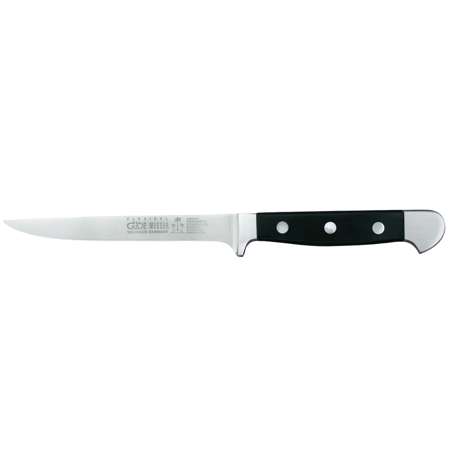Gude Alpha Series Forged Double Bolster Flexible Boning Knife 5-in, Black Hostaform Handle