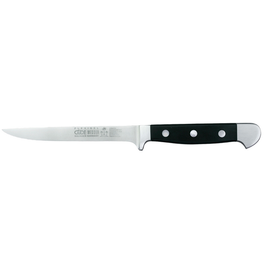 Gude Alpha Series Forged Double Bolster Flexible Boning Knife 5-in, Black Hostaform Handle