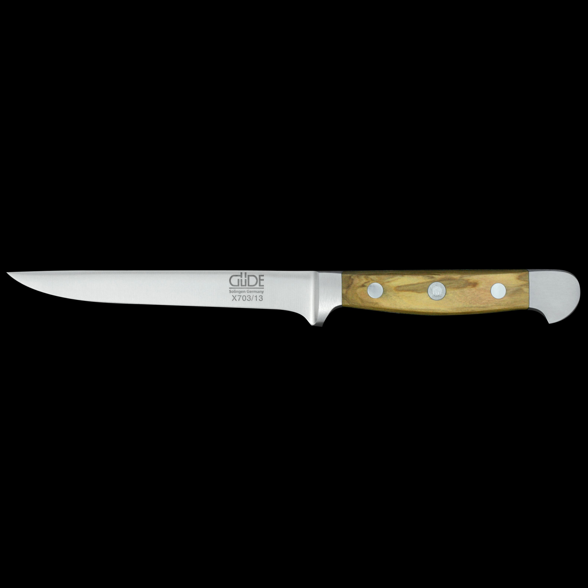 Gude Alpha Olive Series Forged Double Bolster Flexible Boning Knife 5", Olivewood Handle - GuedeUSA