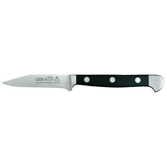 Gude Alpha Series Forged Double Bolster Paring Knife 3-in, Black Hostaform Handle