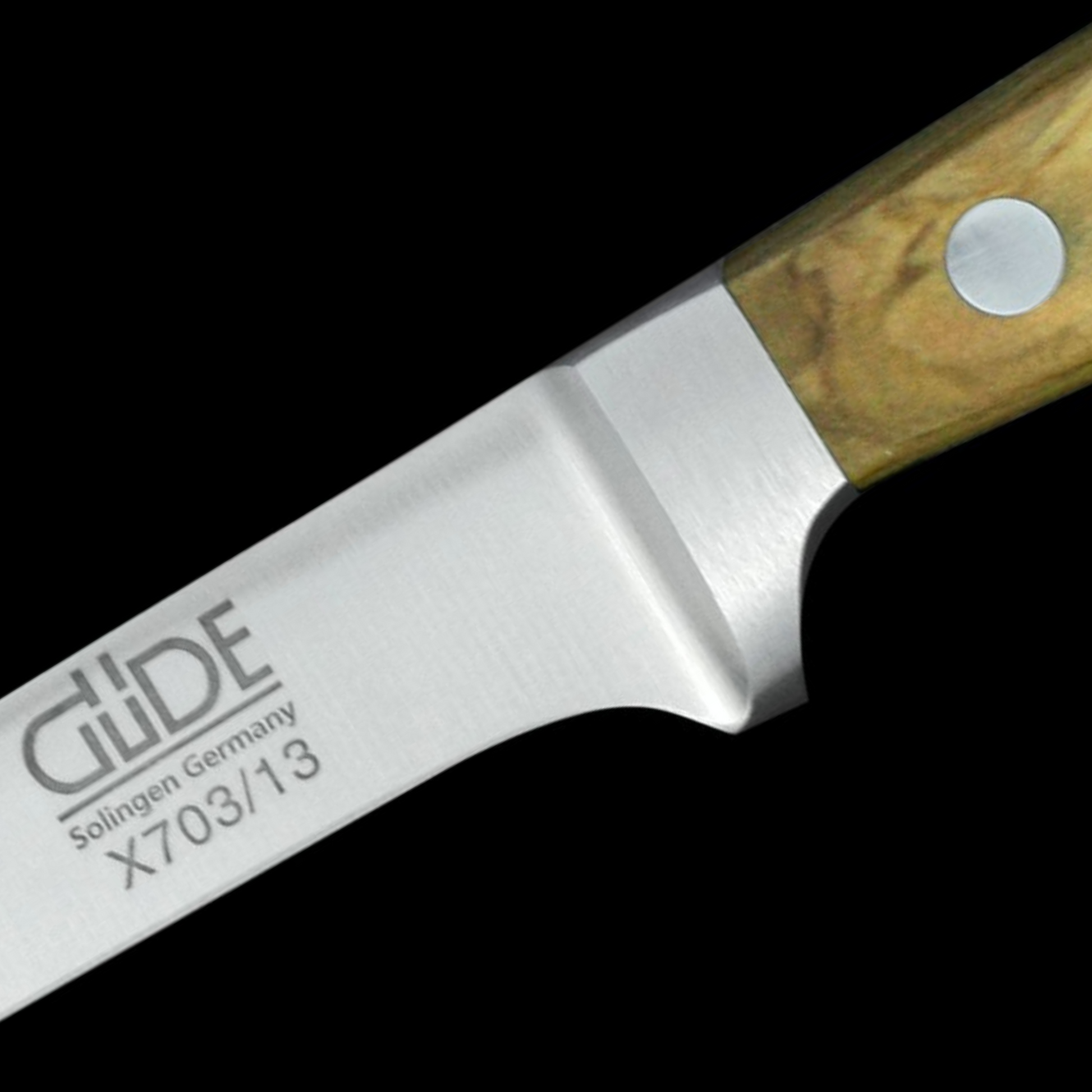 Gude Alpha Olive Series Forged Double Bolster Flexible Boning Knife 5", Olivewood Handle - GuedeUSA