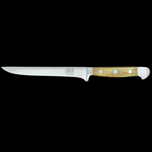 Gude Alpha Olive Series Forged Double Bolster Boning Knife 6", Olivewood Handle - GuedeUSA