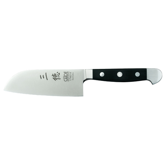Gude Alpha Series Forged Double Bolster Santoku Knife 5-in, Black Hostaform Handle
