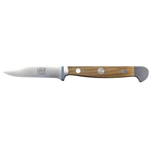Gude Alpha Olive Series Forged Double Bolster Sharp Point Paring Knife 3-in, Olivewood Handle