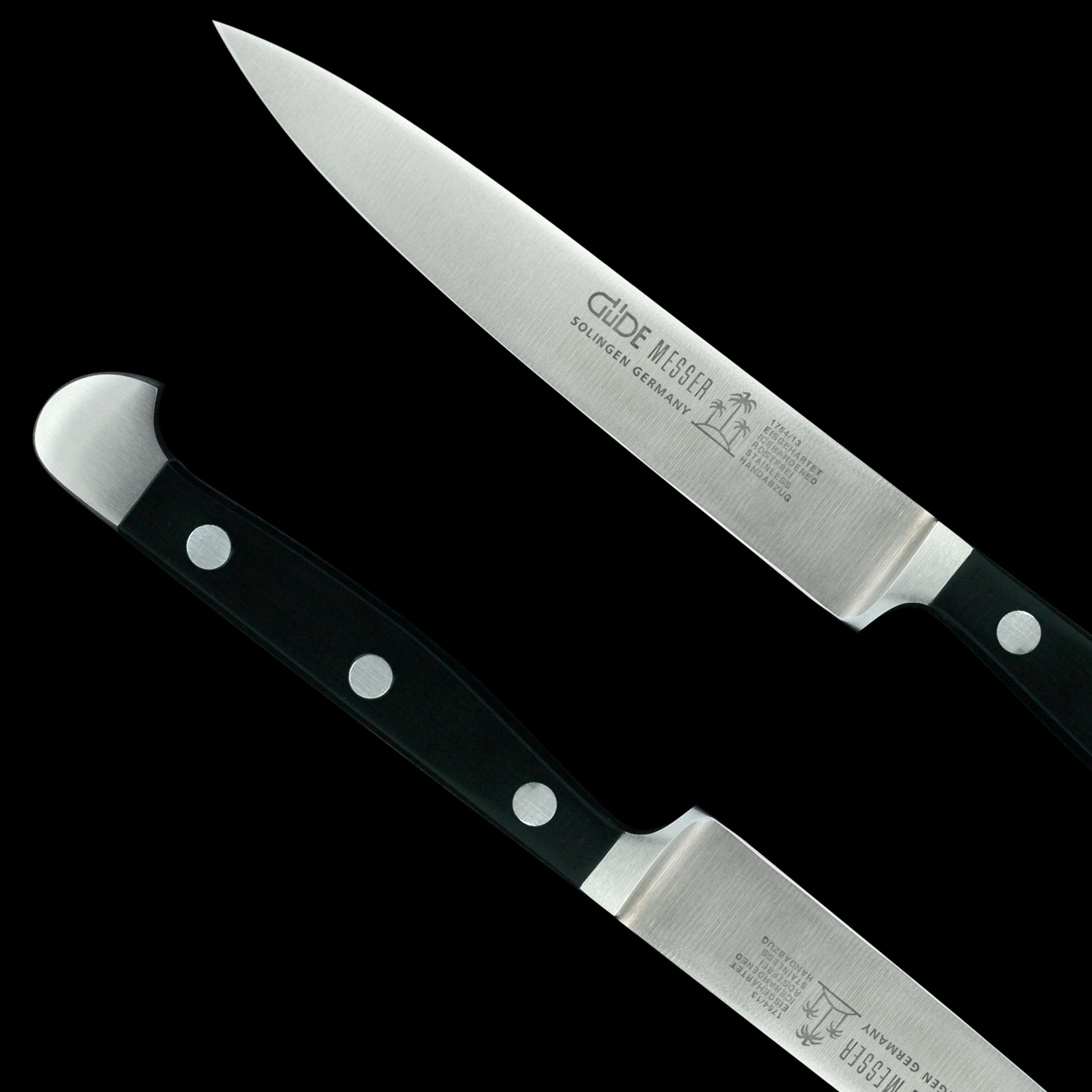Gude Alpha Series Forged Double Bolster Paring Knife 5", Black Hostaform Handle - GuedeUSA