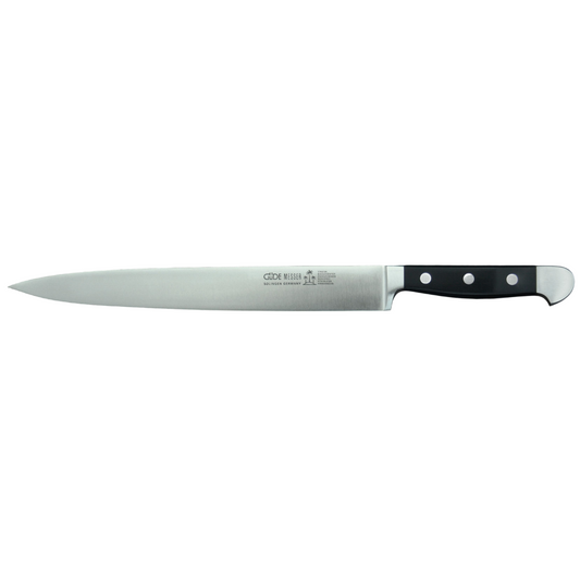 Gude Alpha Series Forged Double Bolster Slicing Knife 10-in, Black Hostaform Handle