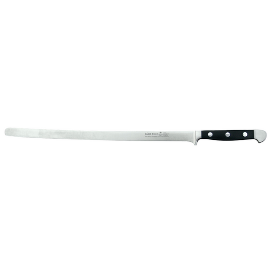 Gude Alpha Series Forged Double Bolster Salmon Slicer 12-in, Black Hostaform Handle