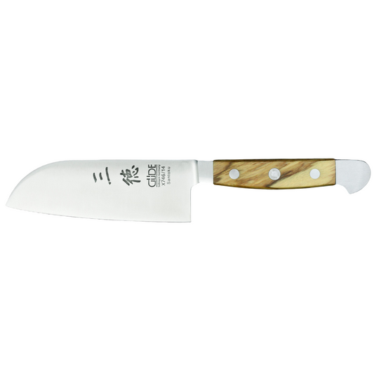 Gude Alpha Olive Series Forged Double Bolster Santoku Knife 5-in, Olivewood Handle