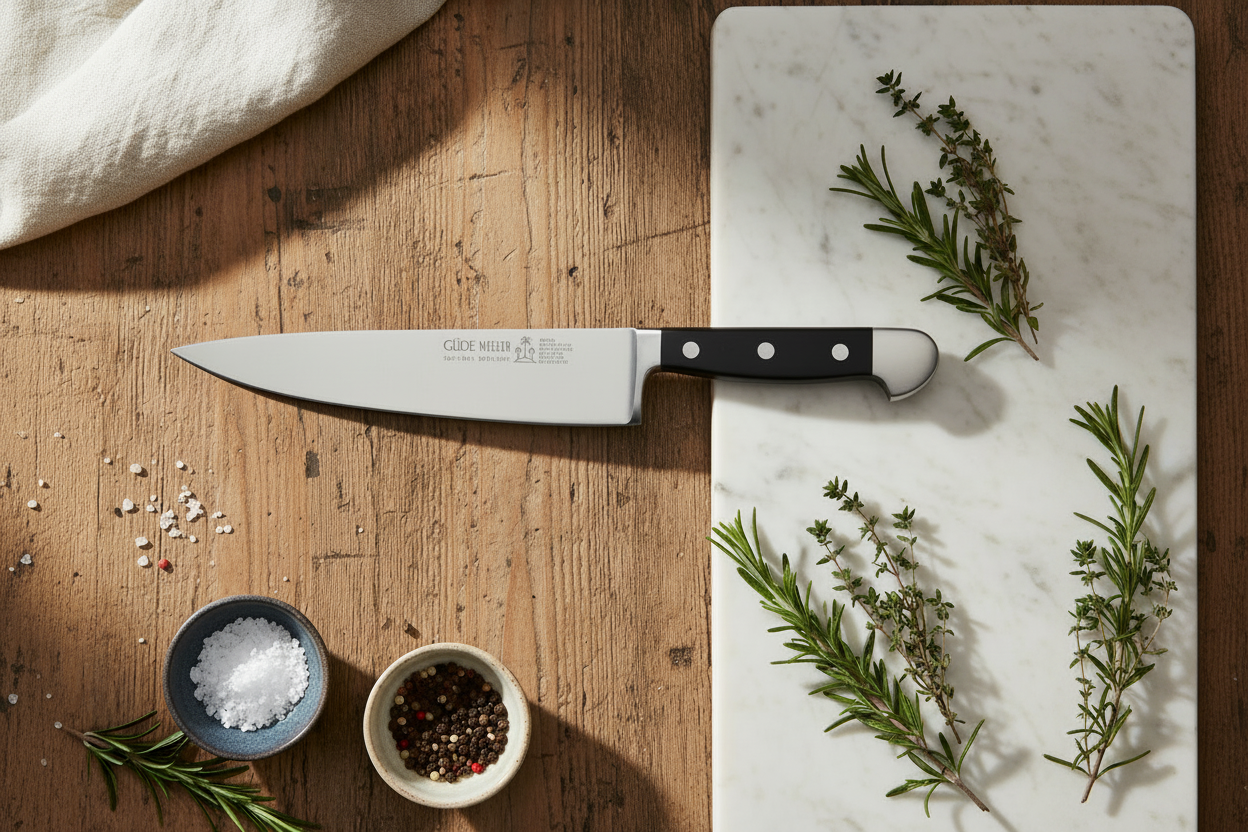 Gude Alpha Series Forged Double Bolster Chef's Knife 8-in, Black Hostaform Handle – Gude Shop USA