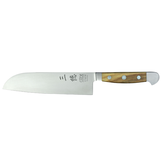 Gude Alpha Olive Series Forged Double Bolster Santoku Knife 7-in, Olivewood Handle