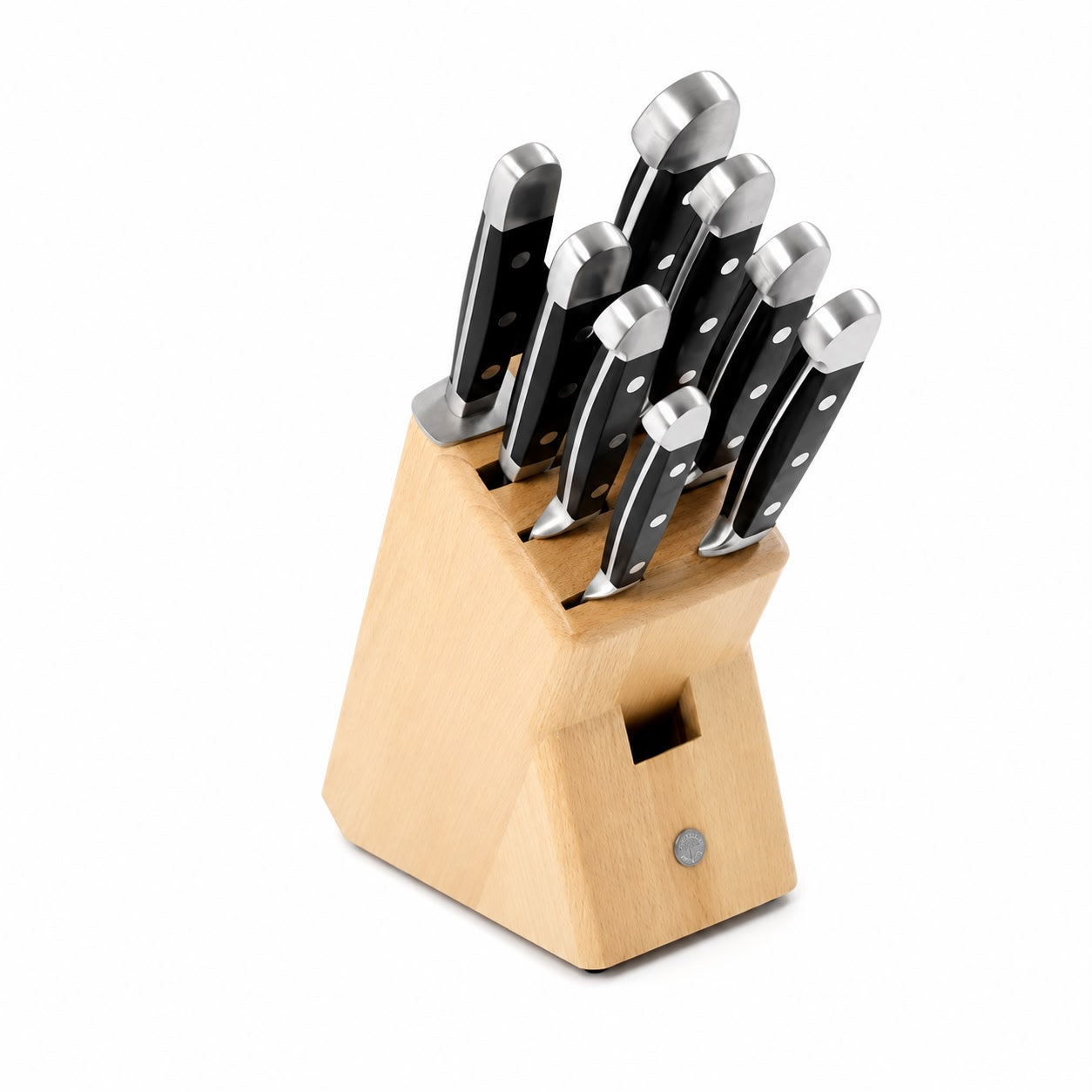 Güde Alpha 10-Piece Knife Block Set with black Hostaform handles, blades hand-forged in Solingen, Germany