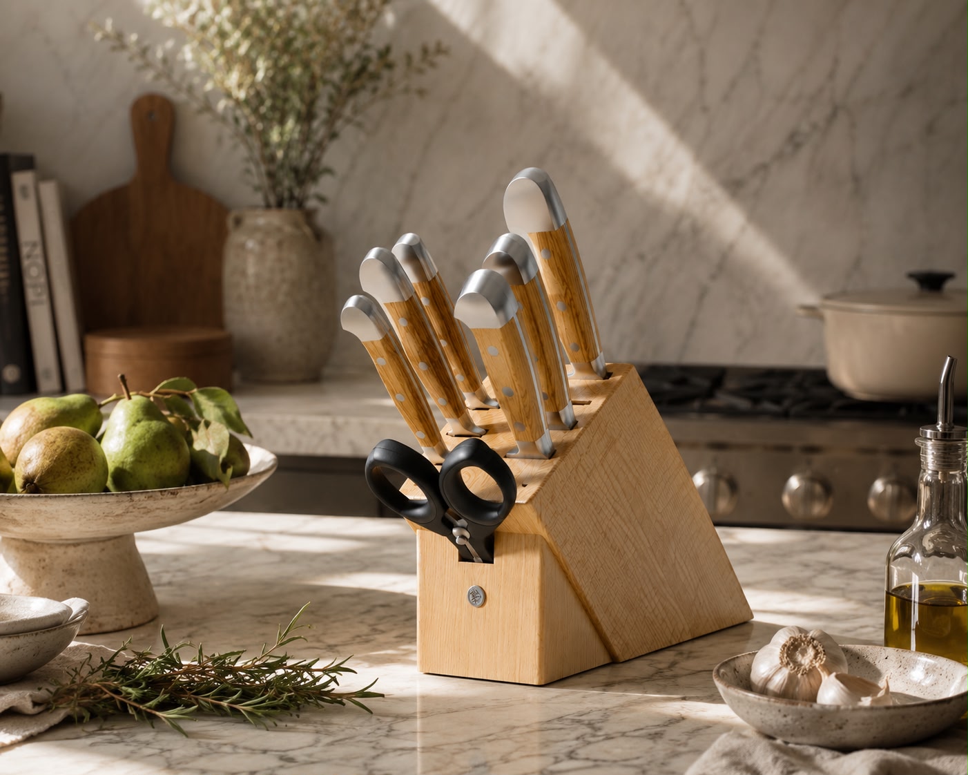 Güde Alpha Olive Series 8-piece knife block set, blades forged from single bars of high-carbon stainless steel