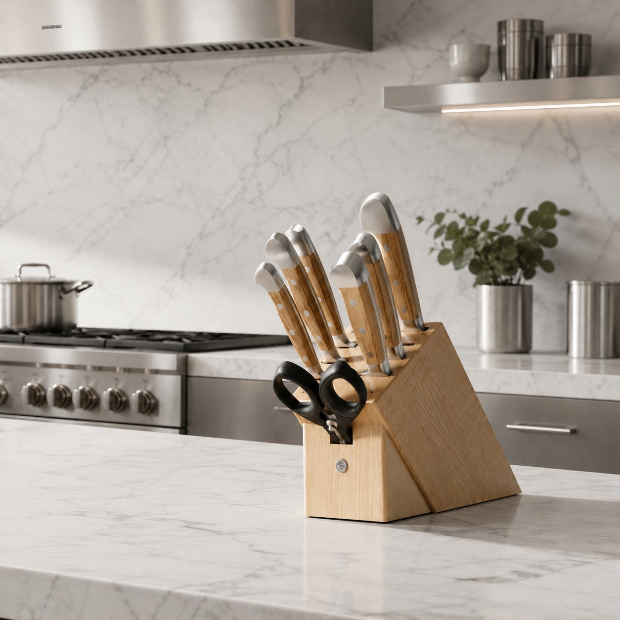 Güde Alpha Olive Series 8-piece knife block set, hand-forged and hand-sharpened in Solingen, Germany