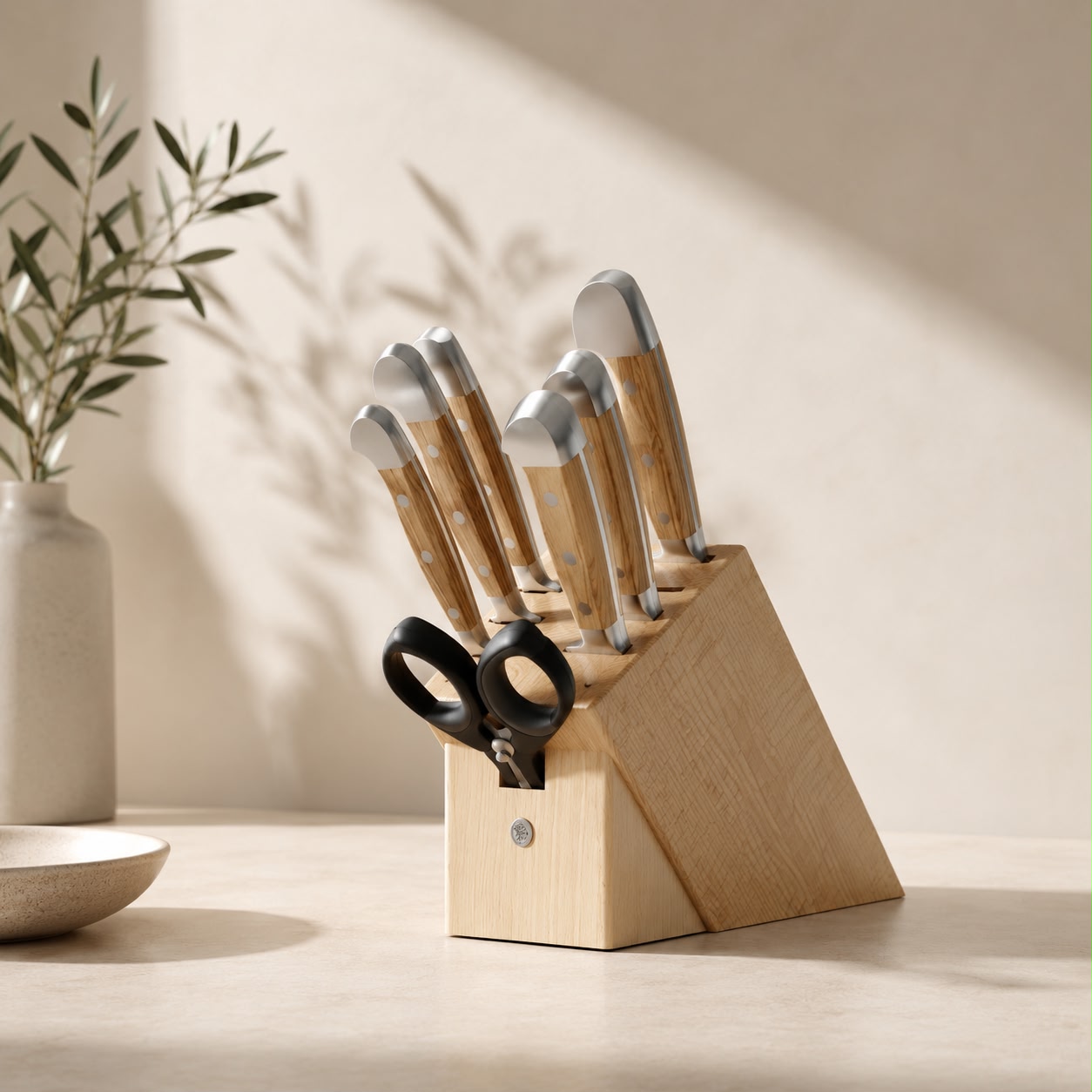 Güde Alpha Olive Series 8-piece knife block set, hand-wash olivewood handles shaped for a comfortable grip