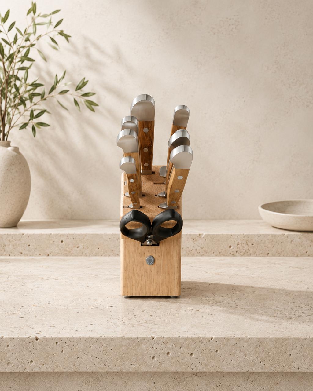 Güde Alpha Olive Series 10-Piece Knife Block Set, hand-wash olive wood handles to preserve the natural grain
