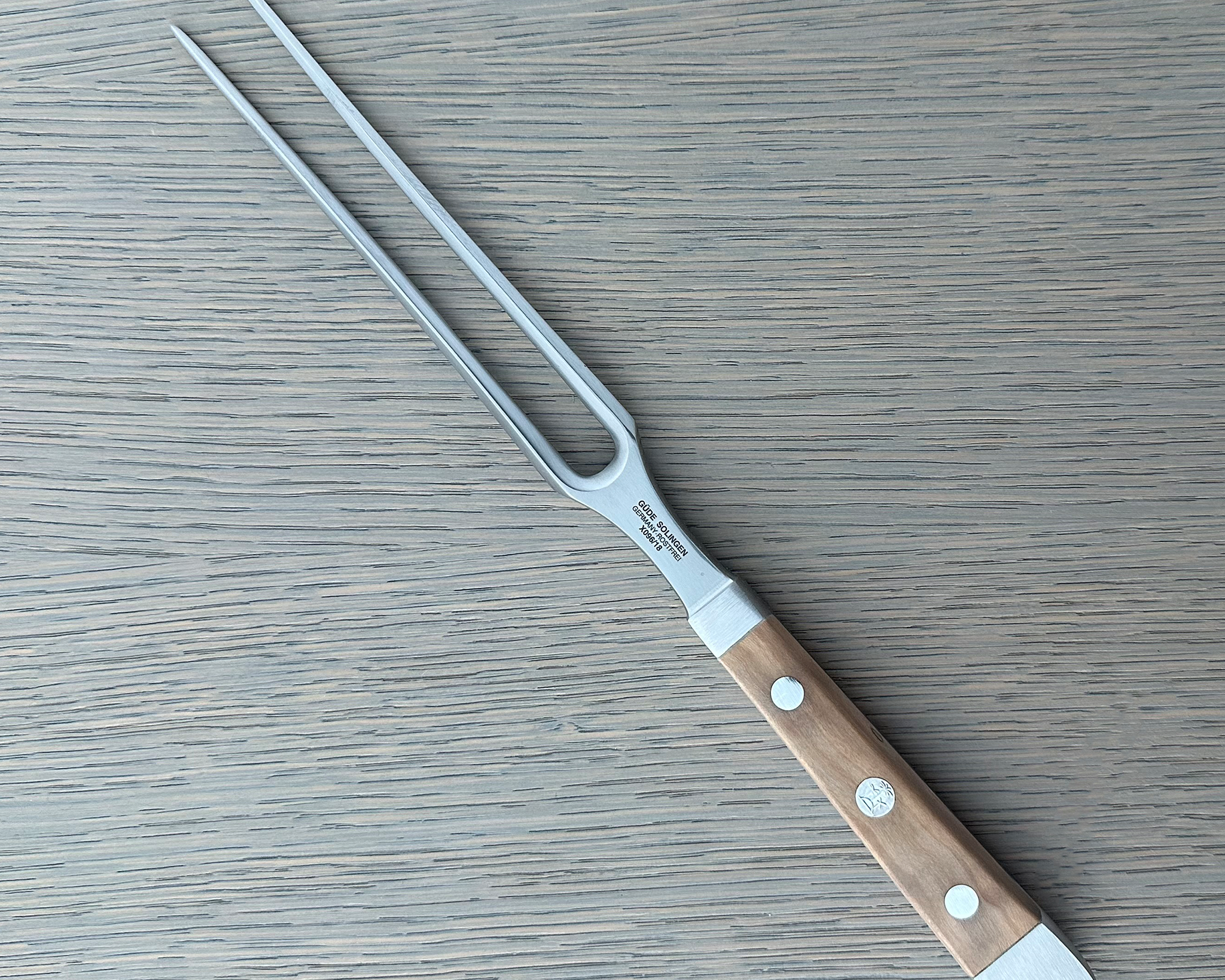 Güde Alpha Olive Meat Fork 7-in with olive wood handle, hand-forged in Solingen, Germany