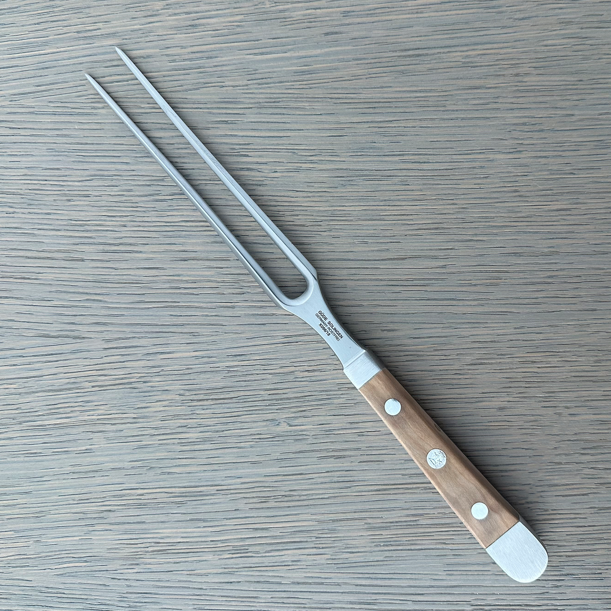 Güde Alpha Olive Meat Fork 7-in with olive wood handle, hand-forged in Solingen, Germany