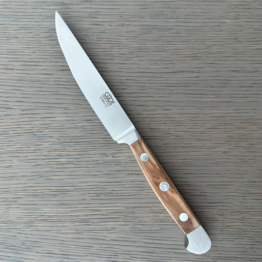Gude Alpha Olive Series Forged Double Bolster Porterhouse Serrated Steak Knife 4-1/2-in, Olivewood Handle – Gude Shop USA