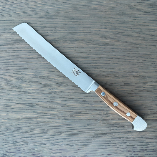Gude Alpha Olive Series Forged Double Bolster Serrated Bread Knife 8-in, Olivewood Handle
