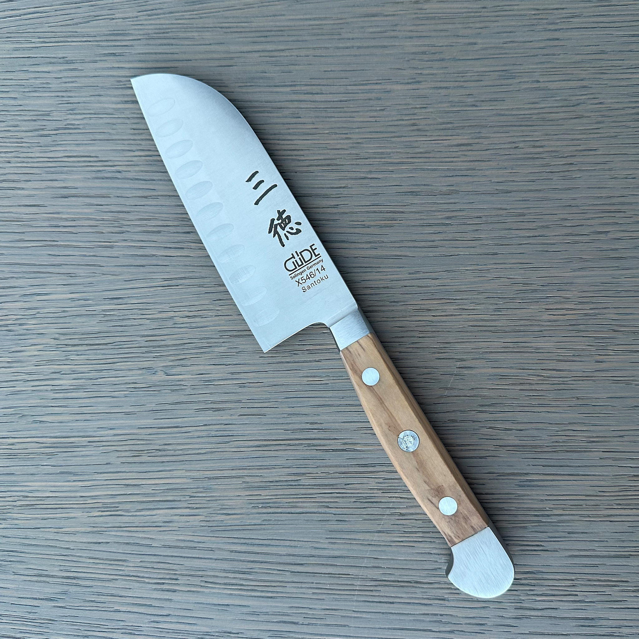 Gude Alpha Olive Series Forged Double Bolster Hollow Edge Santoku Knife 5-in, Olivewood Handle – Gude Shop USA