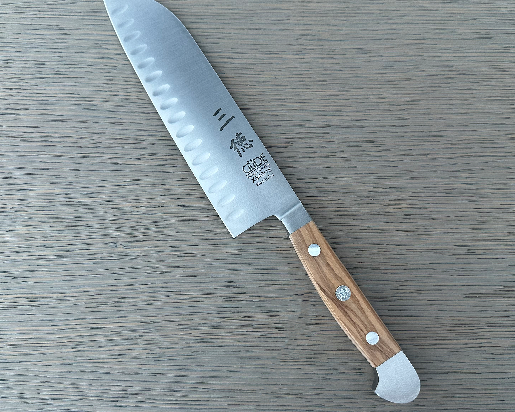 Gude Alpha Olive Series Forged Double Bolster Hollow Edge Santoku Knife 7-in, Olivewood Handle – Gude Shop USA