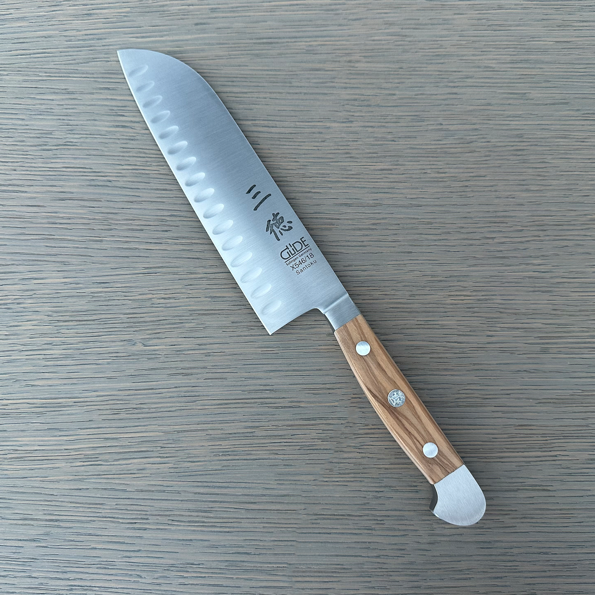 Gude Alpha Olive Series Forged Double Bolster Hollow Edge Santoku Knife 7-in, Olivewood Handle – Gude Shop USA