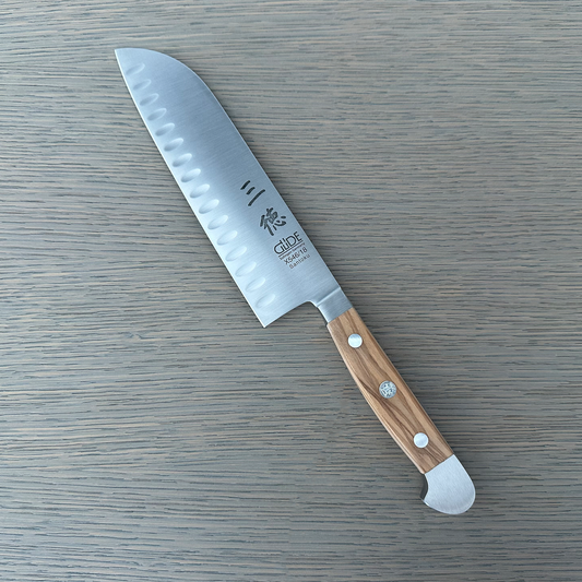 Gude Alpha Olive Series Forged Double Bolster Hollow Edge Santoku Knife 7-in, Olivewood Handle