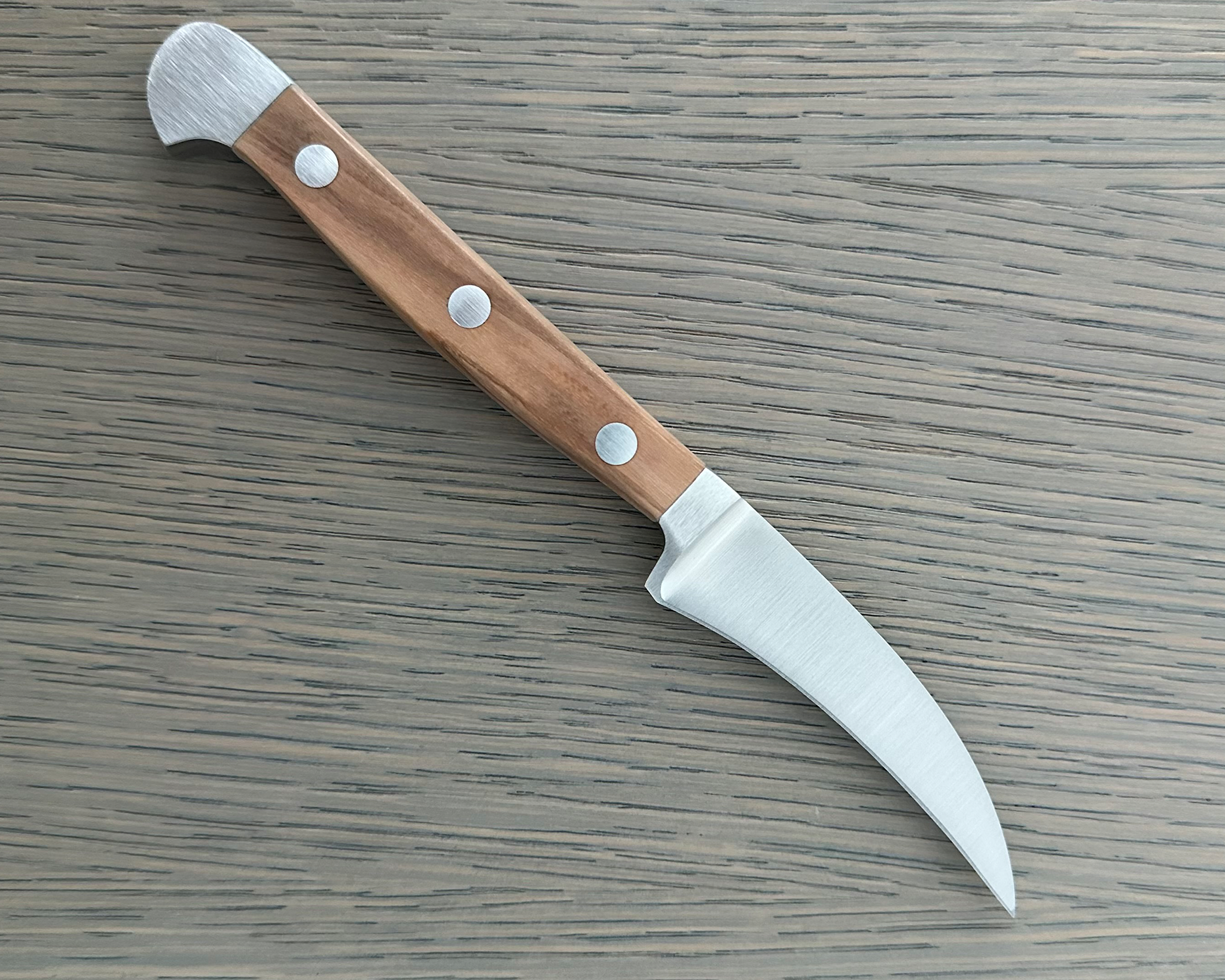 Güde Alpha Olive Series 2-inch bird's beak knife with olivewood handle