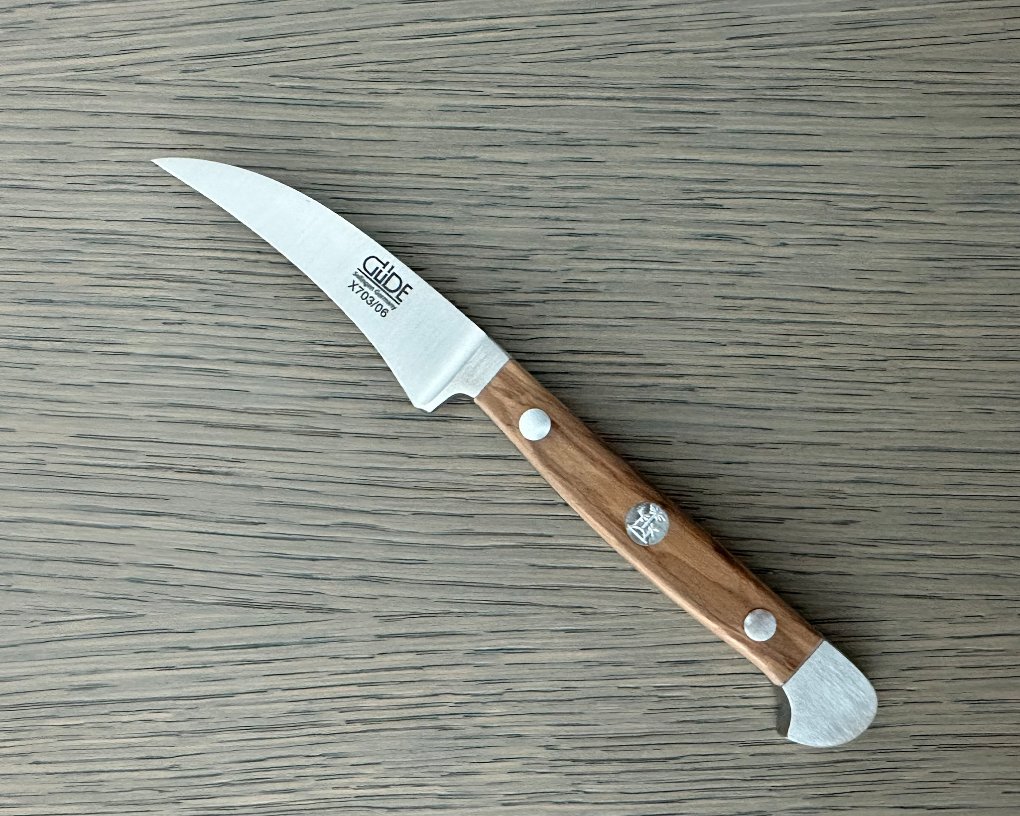 Güde Alpha Olive Bird's Beak Knife 2-in with olive wood handle, hand-forged in Solingen, Germany
