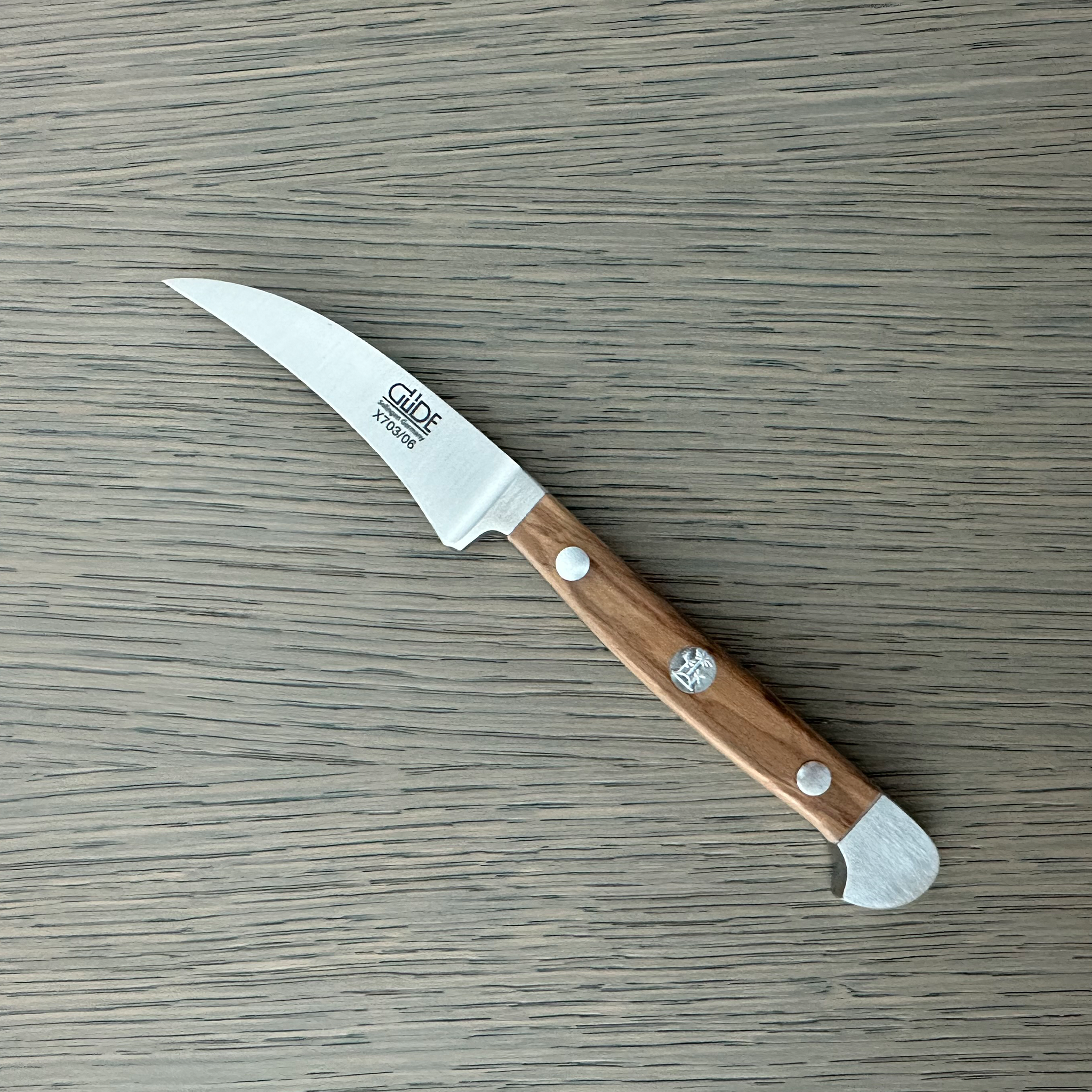 Güde Alpha Olive Bird's Beak Knife 2-in with olive wood handle, hand-forged in Solingen, Germany