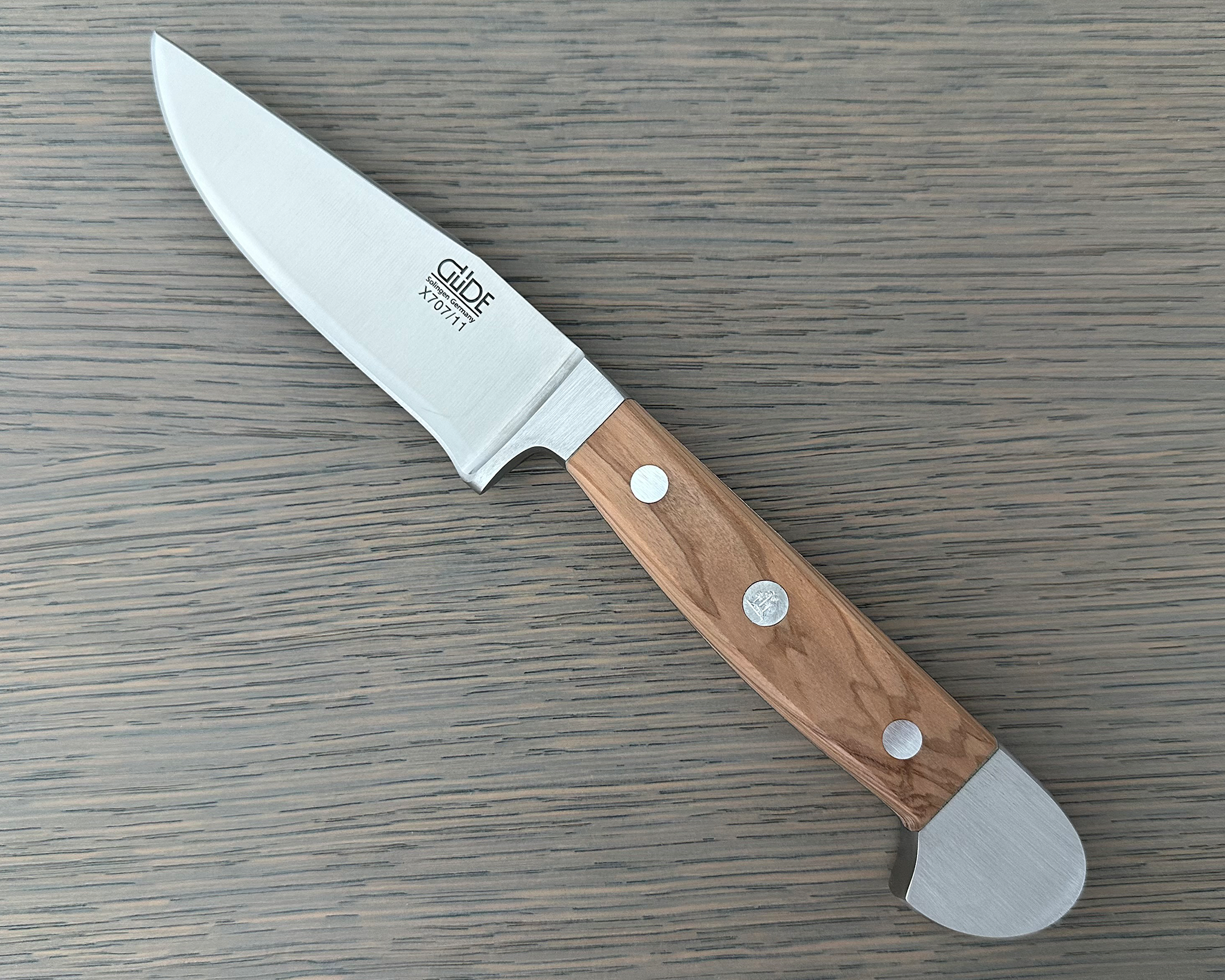 Güde Alpha Olive Bavarian Utility Knife 4-in with olive wood handle, hand-forged in Solingen, Germany