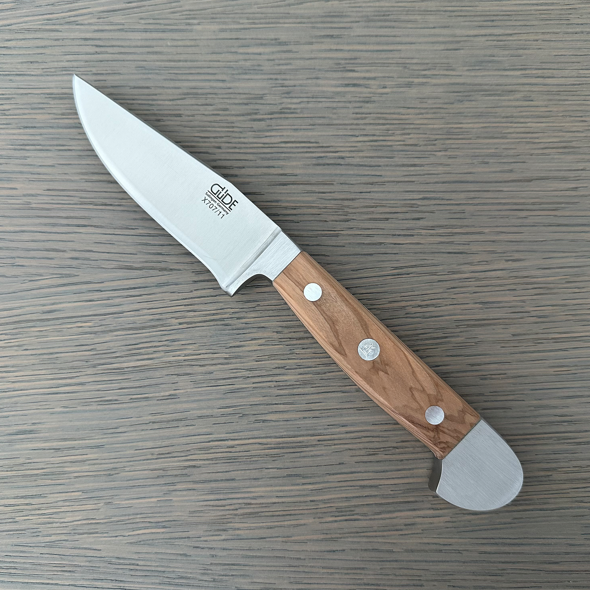 Güde Alpha Olive Bavarian Utility Knife 4-in with olive wood handle, hand-forged in Solingen, Germany