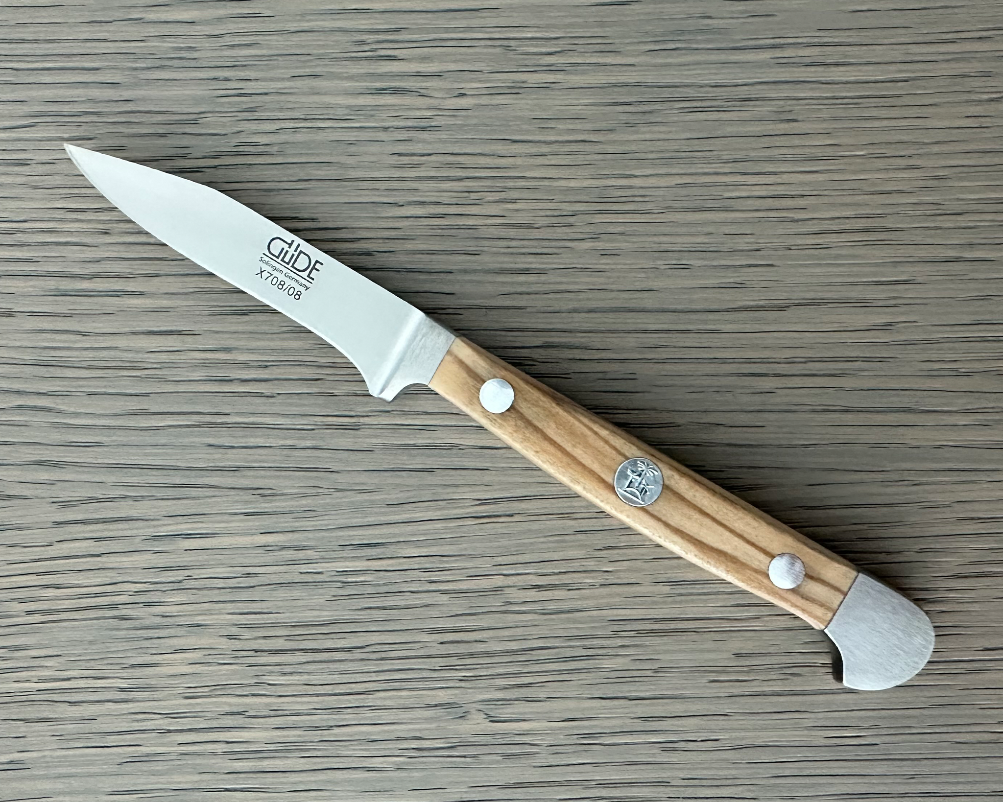 Güde Alpha Olive Sharp Point Paring Knife 3-in, model X708/08, with hand-wash olive wood handle