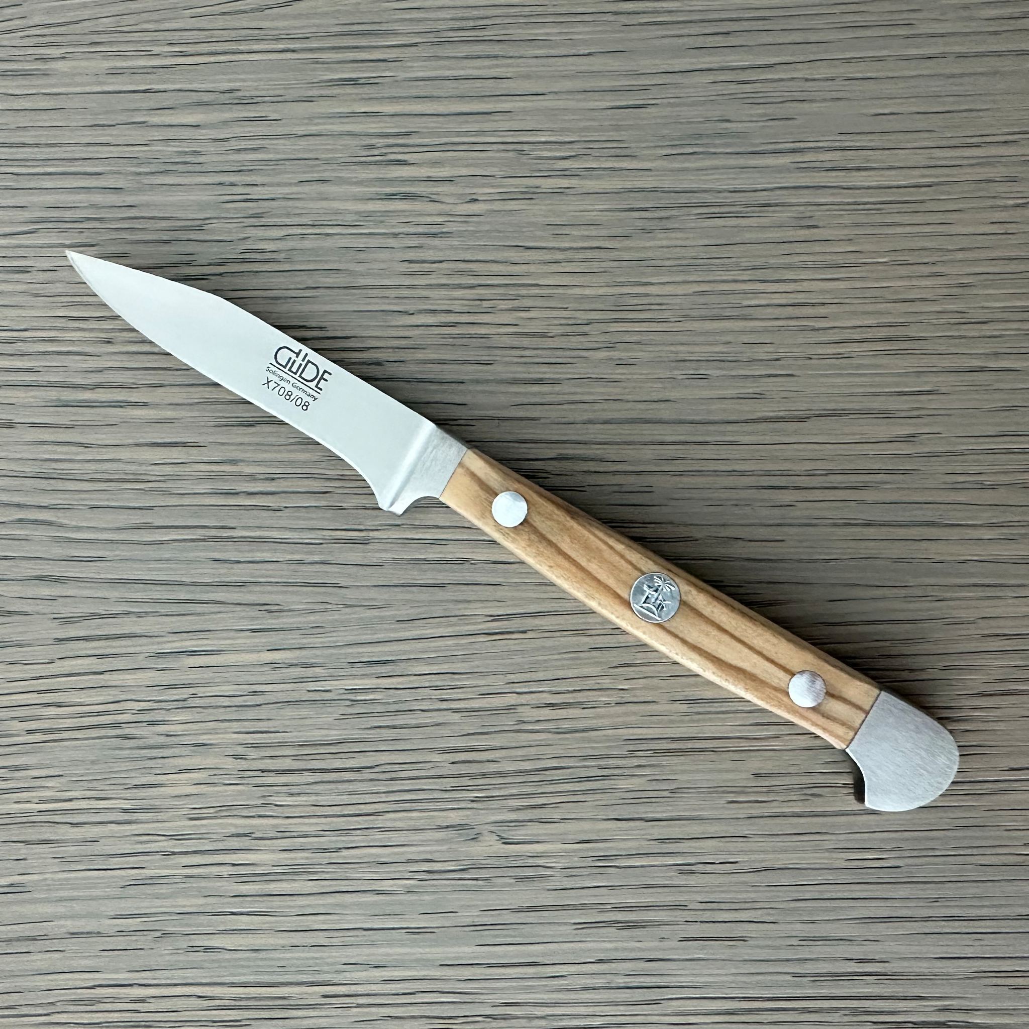 Güde Alpha Olive Sharp Point Paring Knife 3-in, model X708/08, with hand-wash olive wood handle