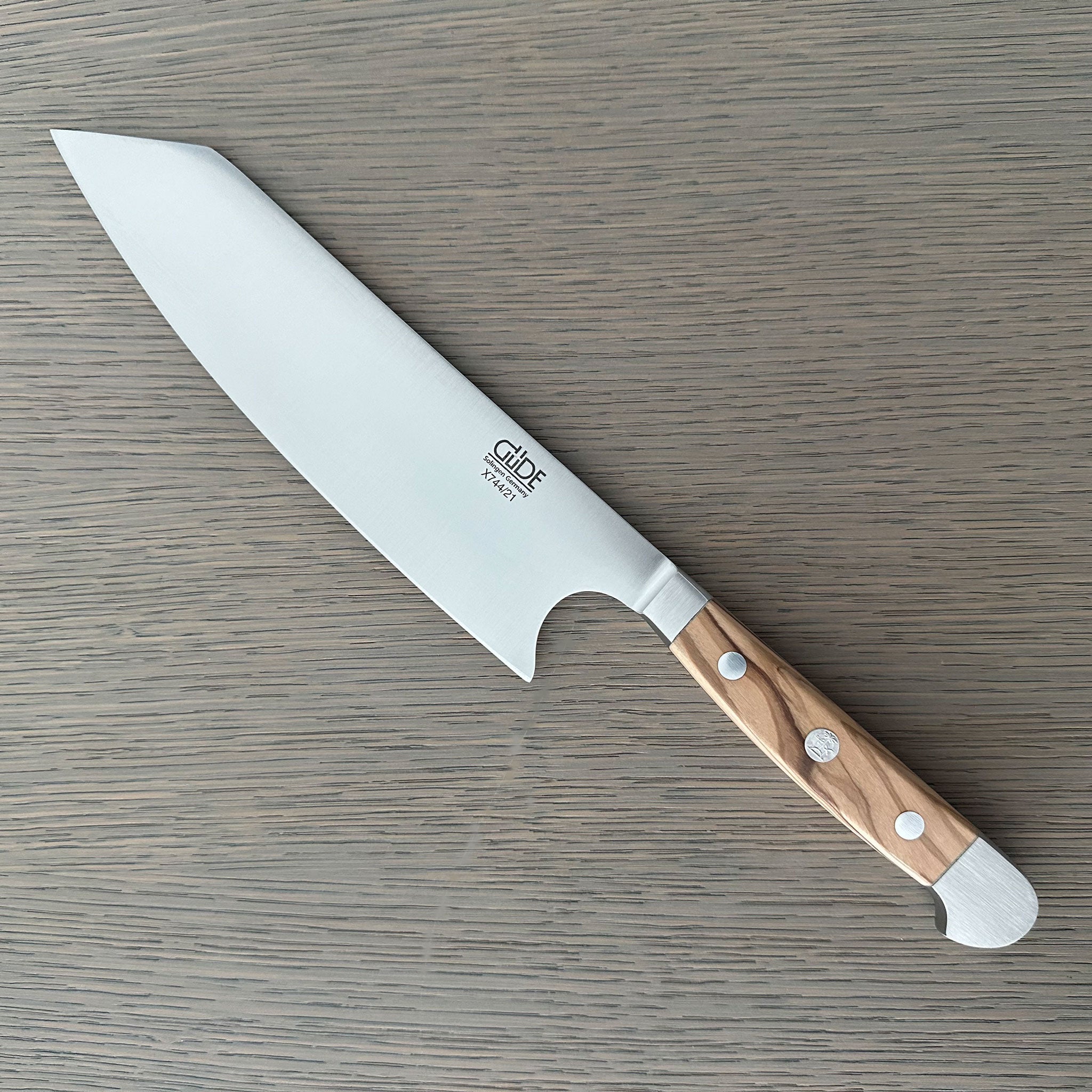 Güde Alpha Olive Kiritsuke Chef's Knife 8.26-in with olive wood handle, hand-forged in Solingen, Germany