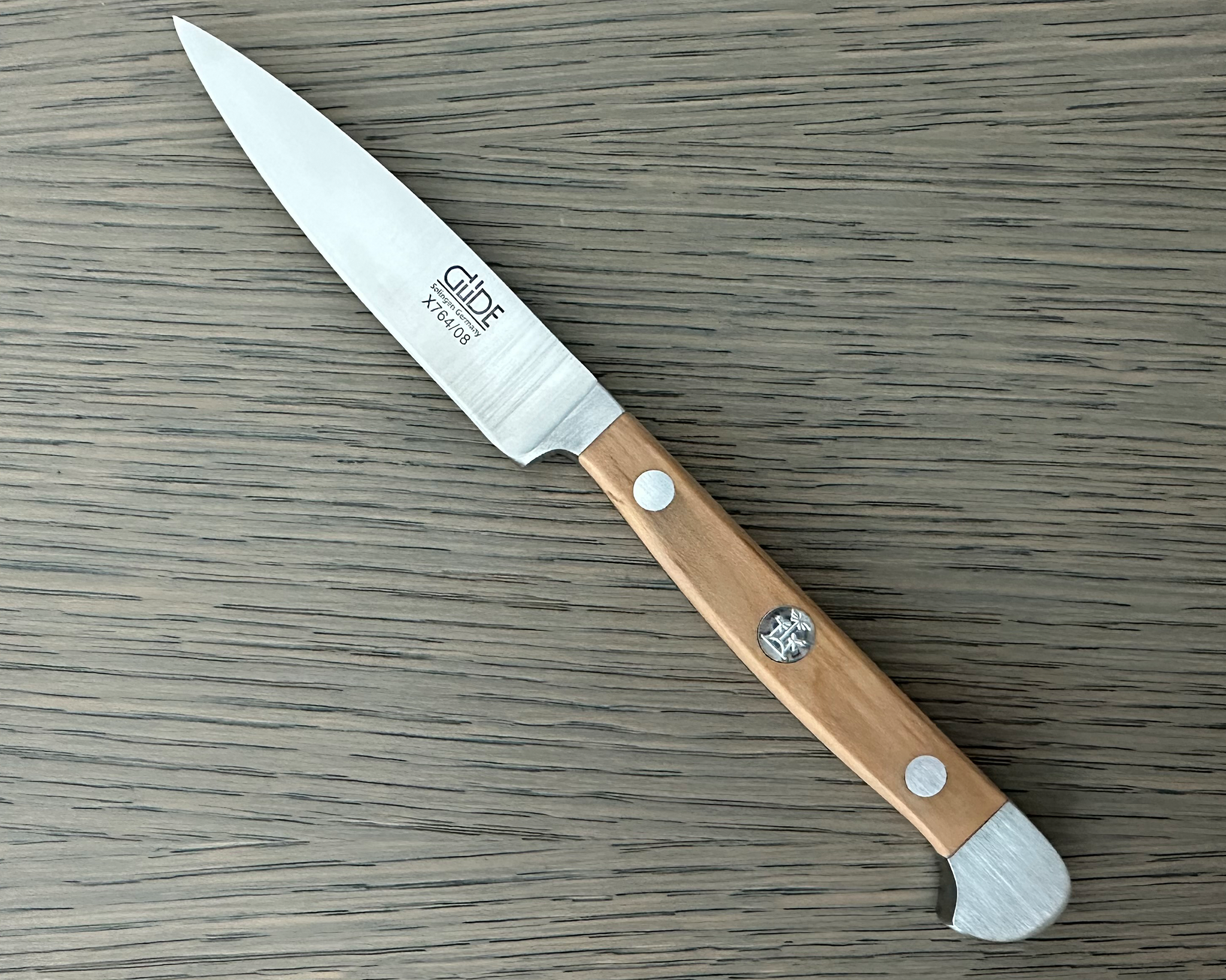 Güde Alpha Olive Straight Paring Knife 3-in, model X764/08, with hand-wash olive wood handle
