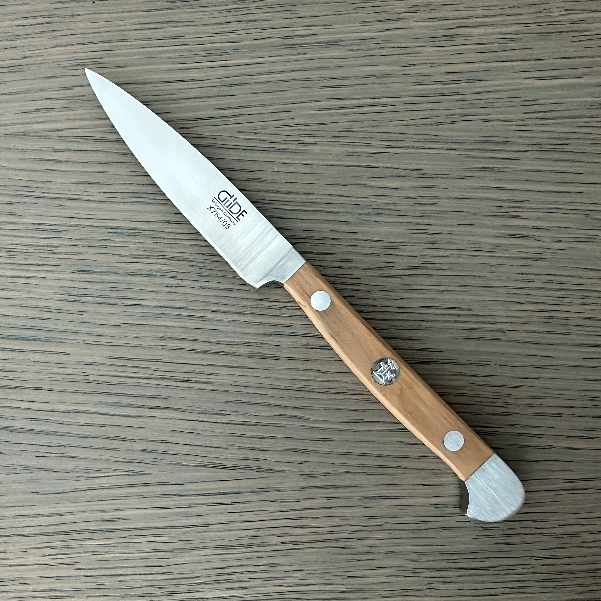 Güde Alpha Olive Straight Paring Knife 3-in, model X764/08, with hand-wash olive wood handle
