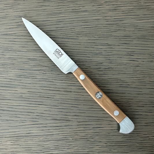 Gude Alpha Olive Series Forged Double Bolster Paring Knife 3-in, Olivewood Handle