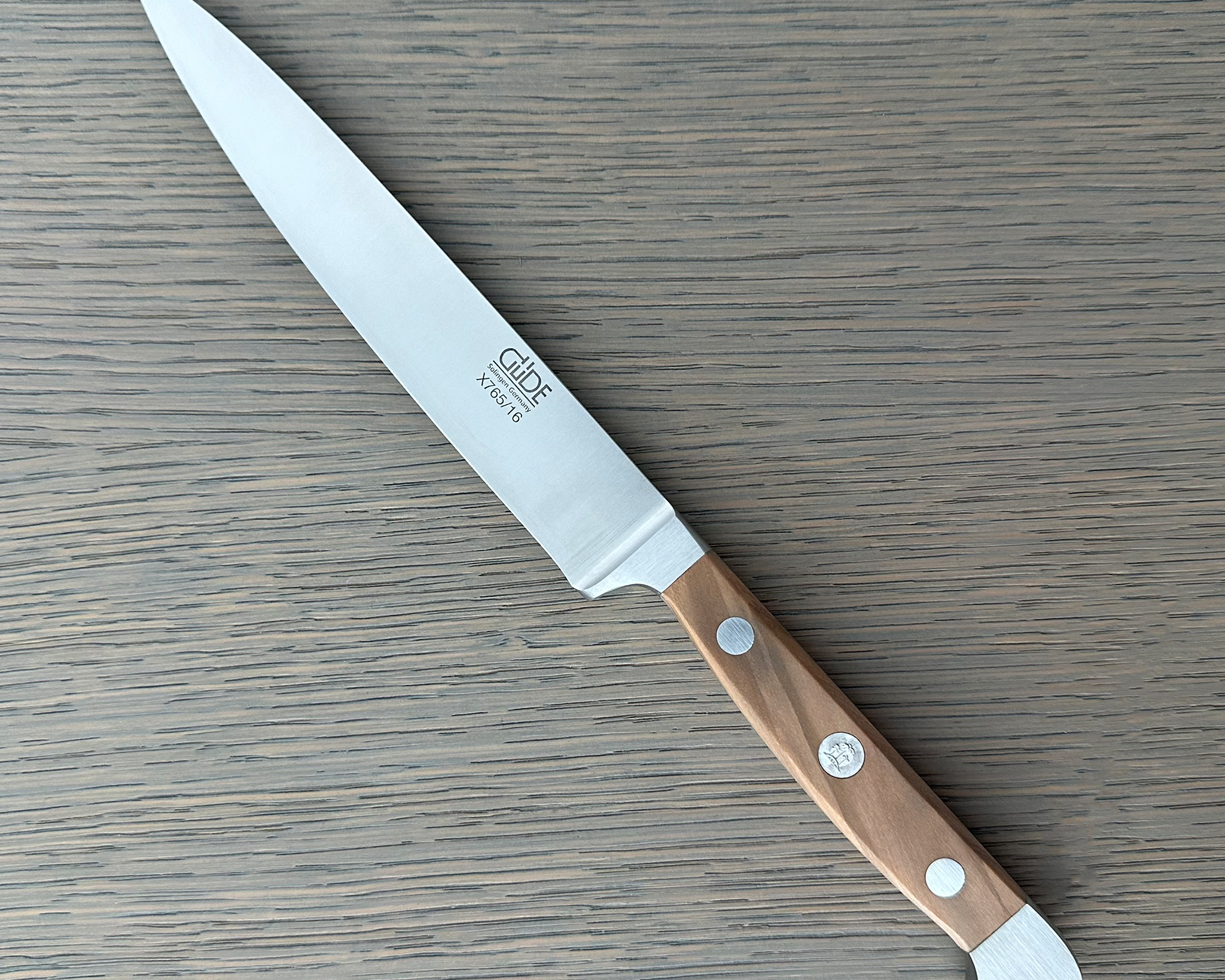 Güde Alpha Olive Slicing Knife 6-in with olive wood handle, hand-forged in Solingen, Germany