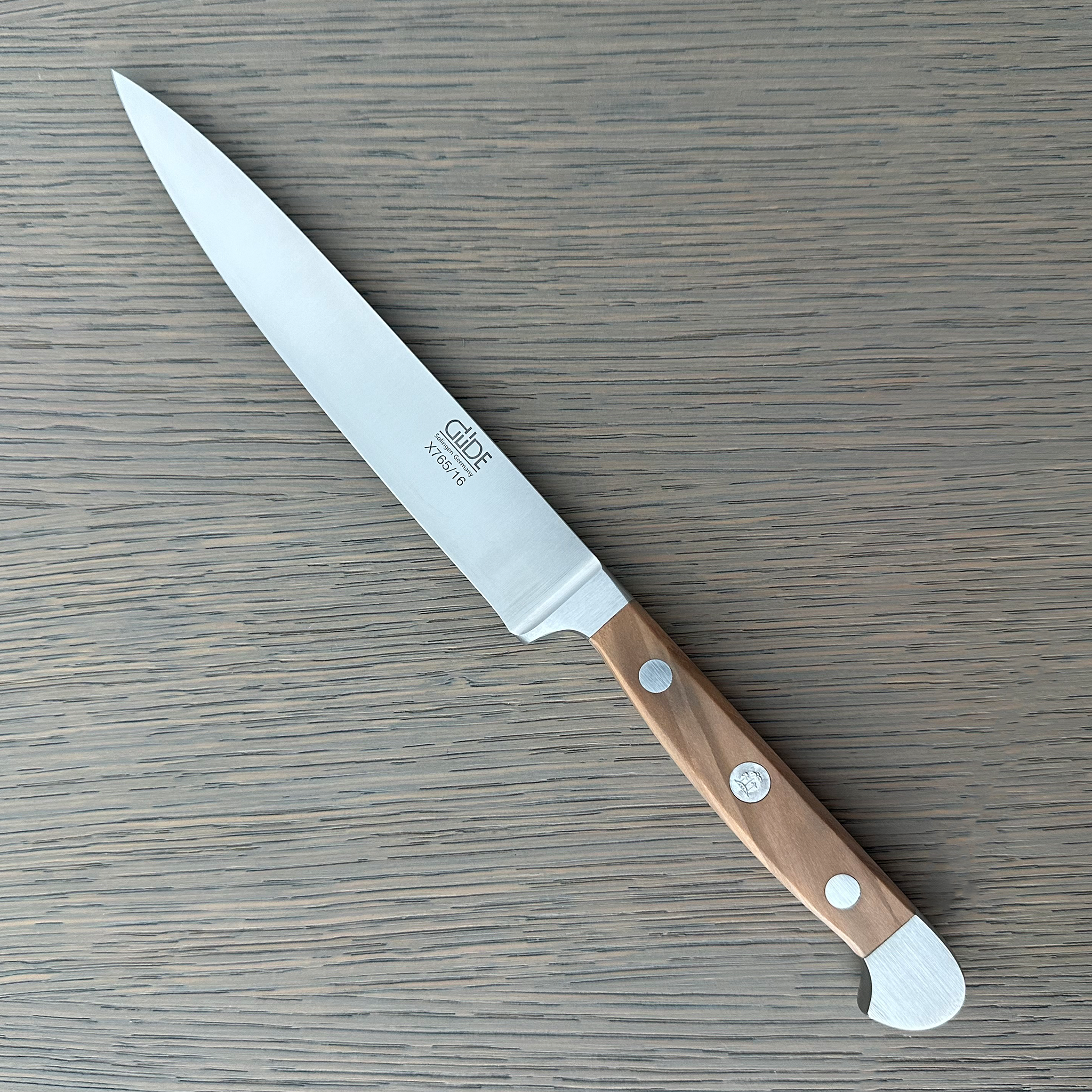 Güde Alpha Olive Slicing Knife 6-in with olive wood handle, hand-forged in Solingen, Germany