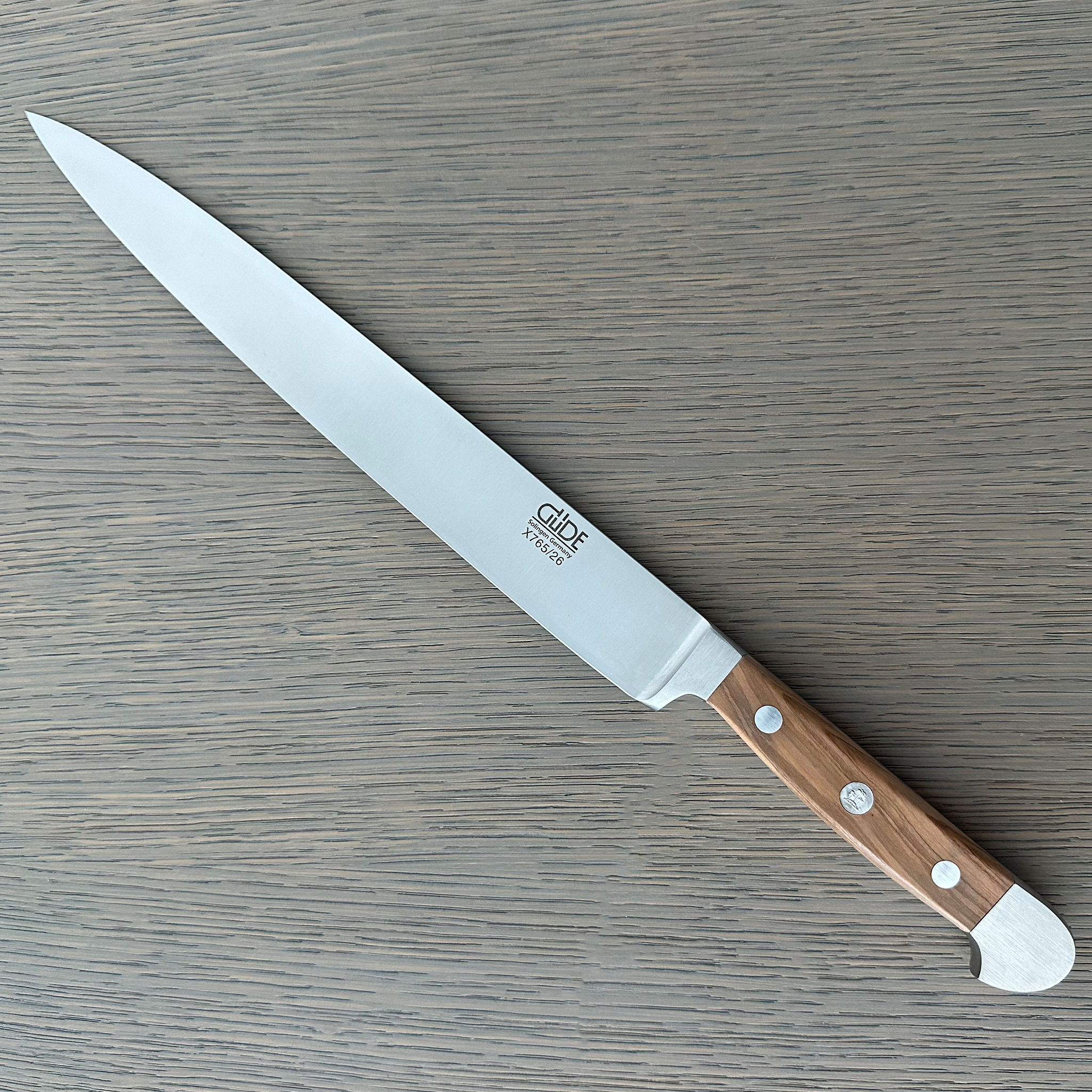 Güde Alpha Olive Slicing Knife 10-in with olive wood handle, hand-forged in Solingen, Germany