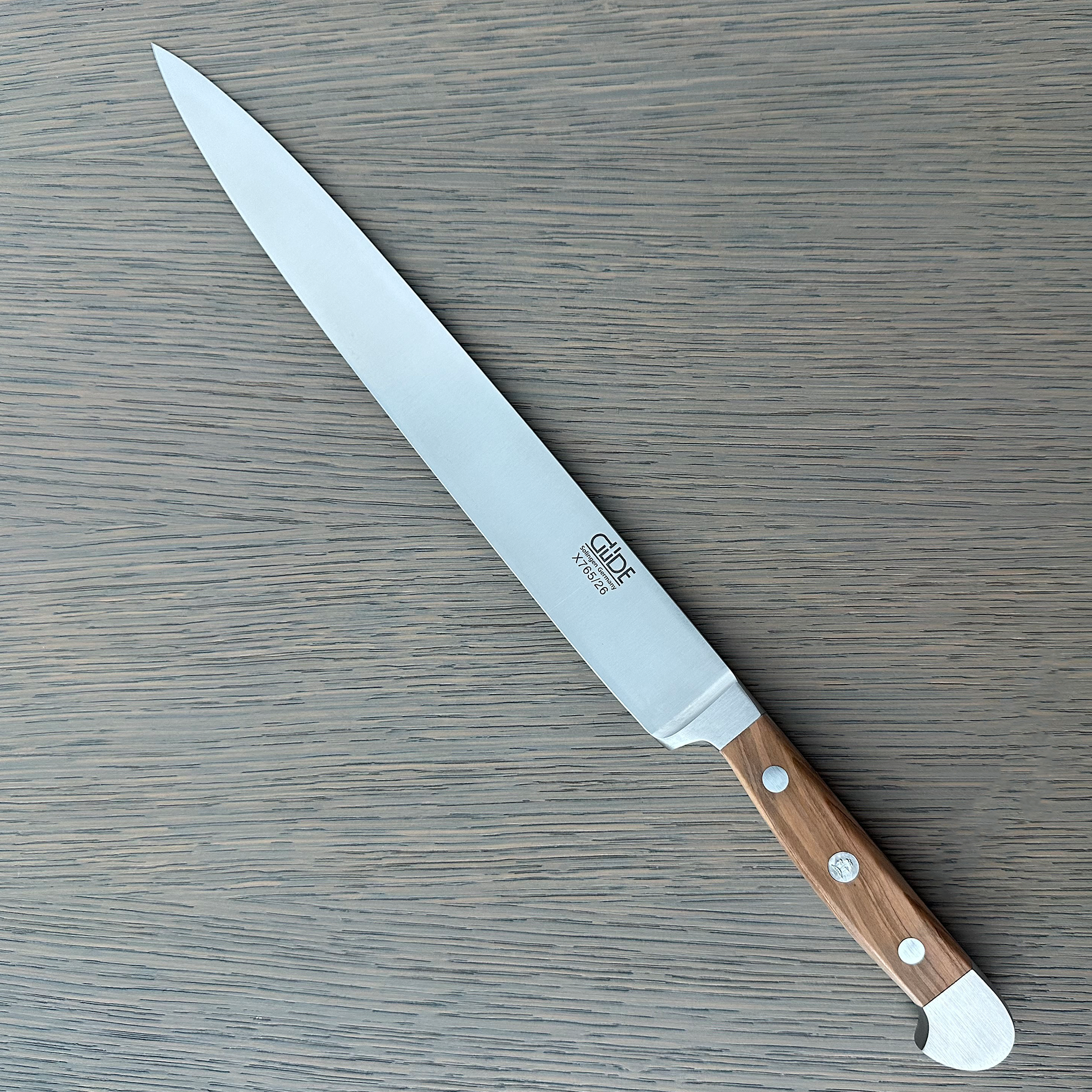 Güde Alpha Olive Series Slicing Knife 10-inch, crafted in Solingen, Germany using traditional techniques