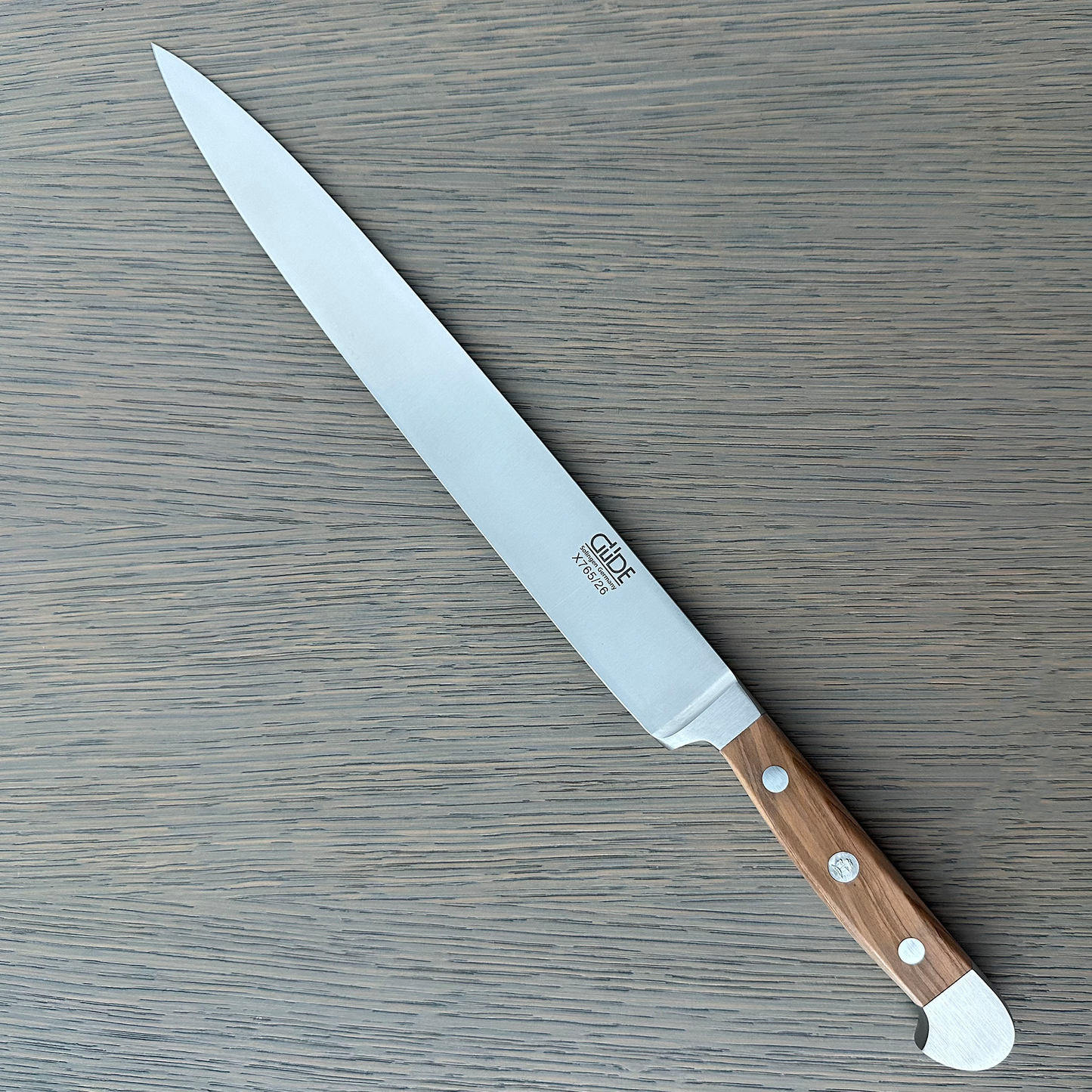 Gude Alpha Olive Series Forged Double Bolster Slicing Knife 10-in, Olivewood Handle – Gude Shop USA