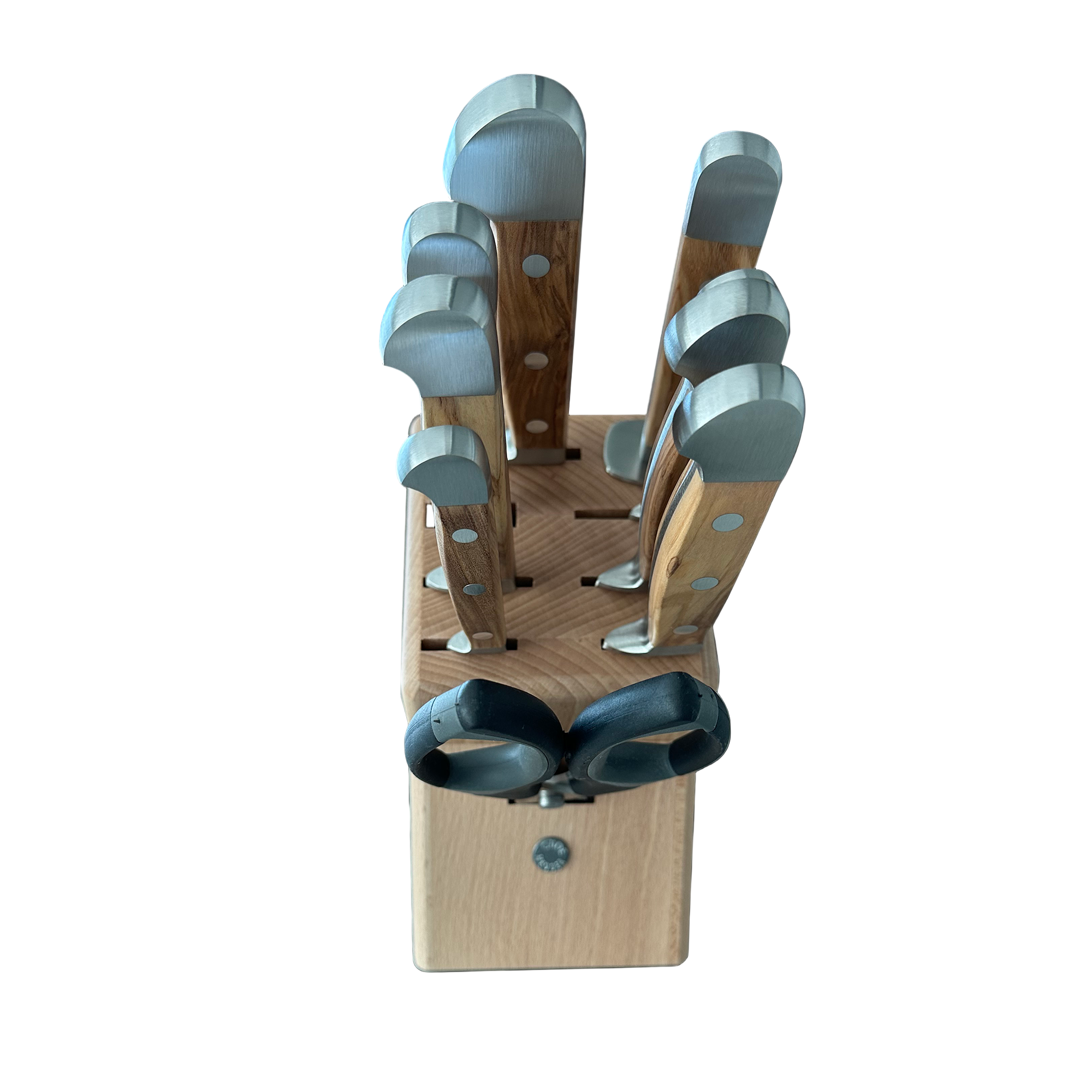Güde Alpha Olive 10-Piece Knife Block Set with olive wood handles, blades hand-forged in Solingen, Germany